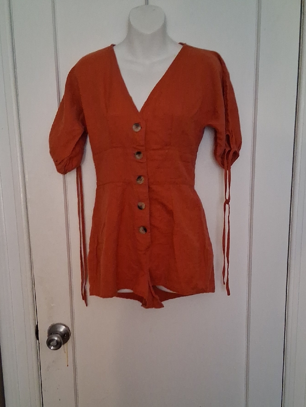 Urban Outfitters Rust-Orange Button Romper with Tie Sleeves Small